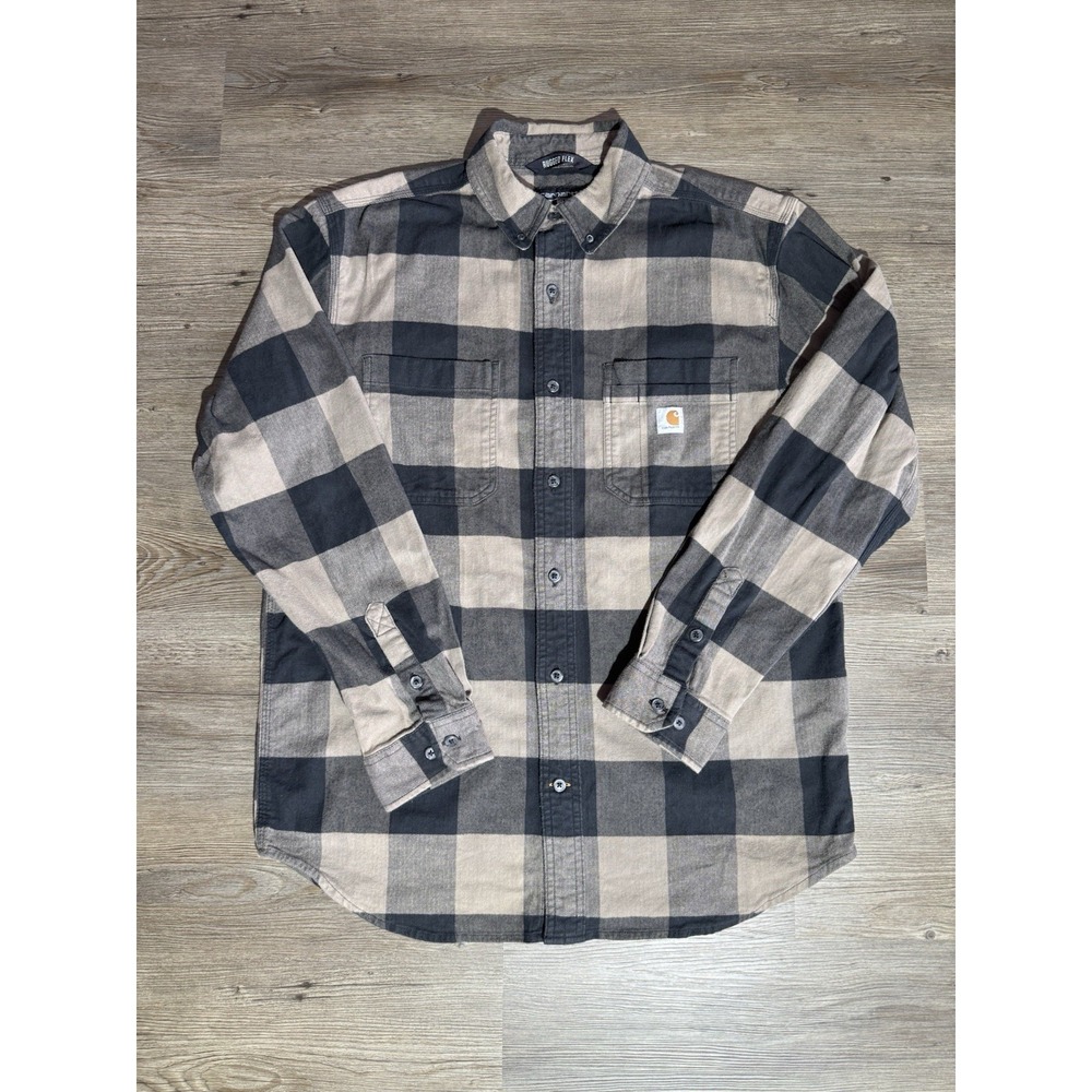 Carhartt Rugged Flex Relaxed Fit Flannel Shirt Men's M Khaki Gray Black Plaid